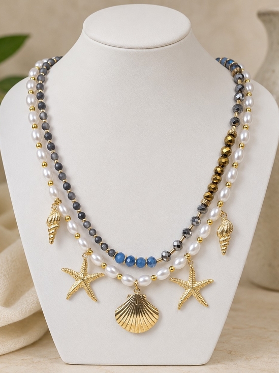 Fashion Jewelry Jewelry - Coastal Charm Pearl Necklace Starfish Shell Pendant Chunky Layered Beach Jewelry